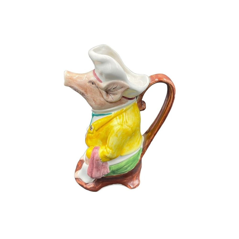 Antique Portugal Pottery Hand Painted Signed Pig Pitcher Holding Wine 10”